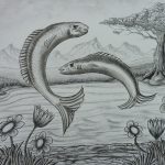 Houtskool tekening vissen
